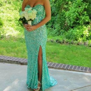 Strapless Teal prom dress with gold sequence